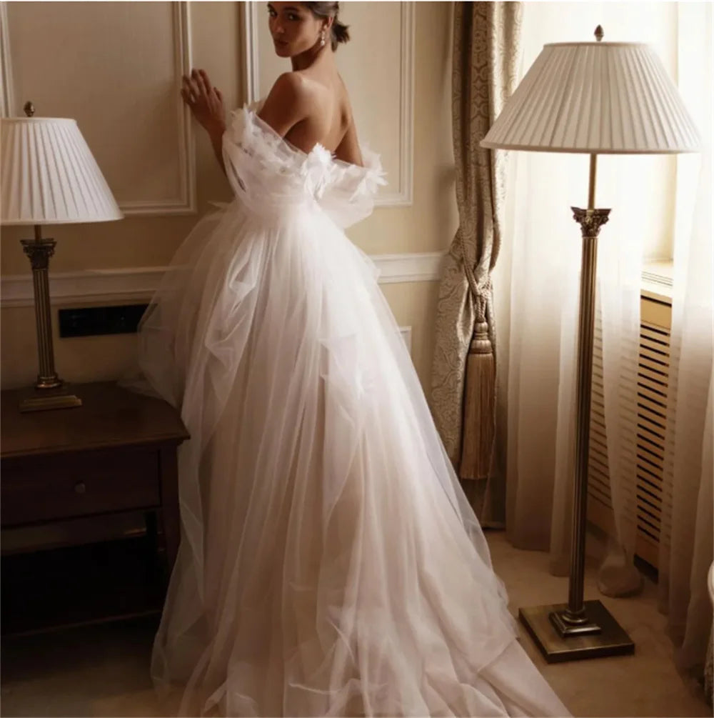 Off-shoulder A-line tulle princess floral sweep train bridal gown size chart