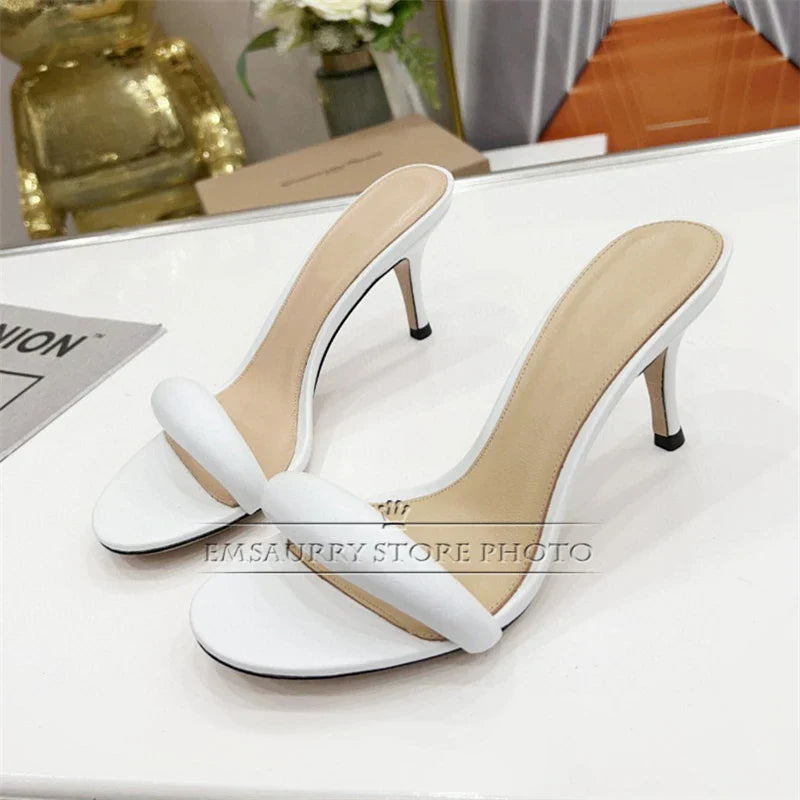 Slim one strap narrow band kitten heel genuine leather summer mules slingbacks sandals back view