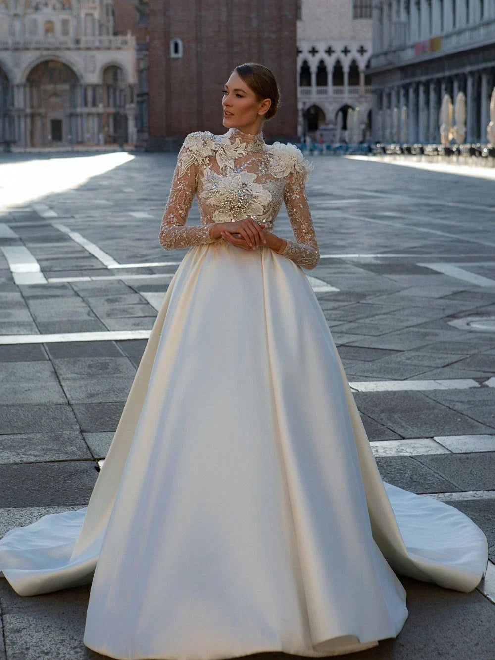 Modest High Collar Wedding Dress Sparkly Sequins Beads Bride Robe Elegant A-line Appiliques Long Bridal Gown Robe De Mariée