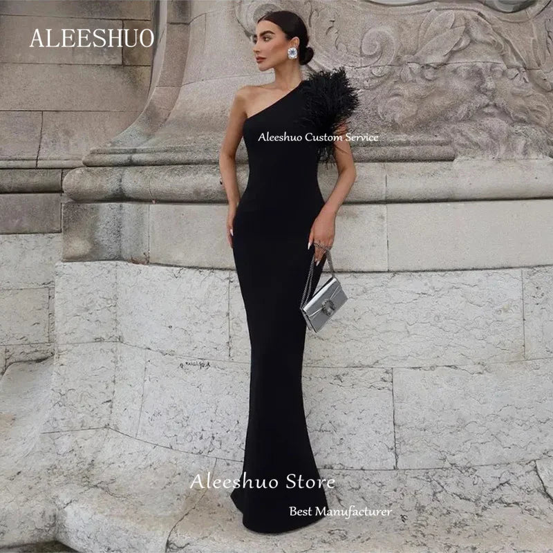 Aleeshuo Elegant Black Mermaid Formal Prom Dress Feathers One Shoulder Sleeveless Evening Dress Party Gowns Saudi Arabia