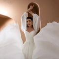 Backless chiffon strapless puff sleeves simple elegant court train wedding dress side view