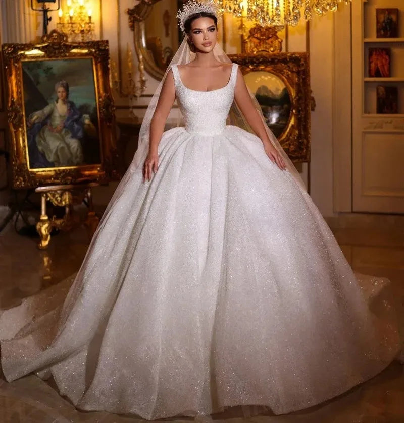 Gorgeous church wedding dress 2026 square neck straps beading pearls sequins backless Dubai bridal gown