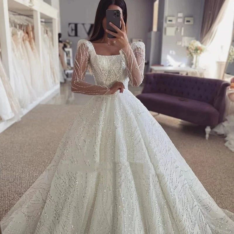 customized Luxury Sparkling Wedding Dresses Long sleeved Ball Gown Square Neck Bridal Gown Robe De Mariage Vestidos De Novia