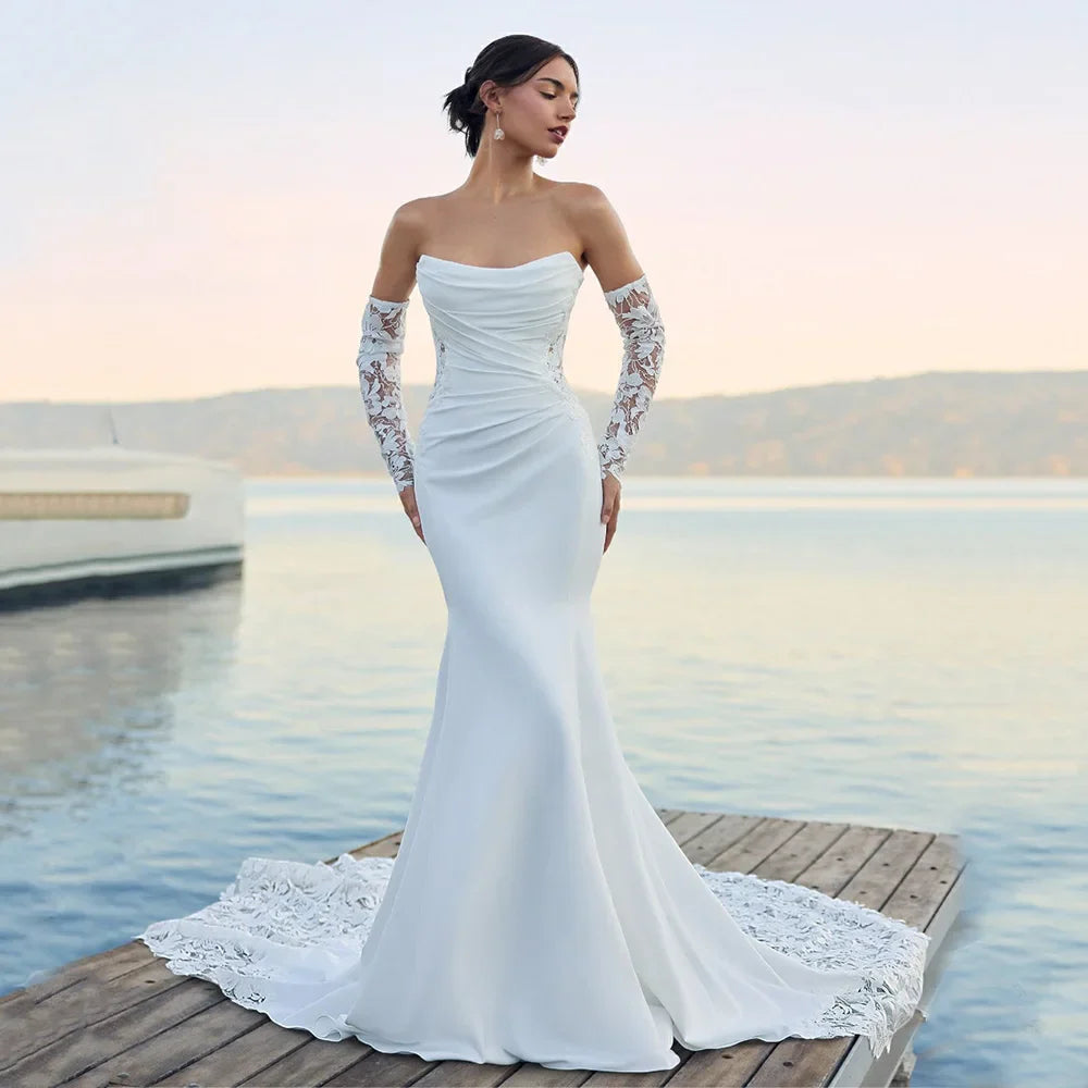 Luxury Mermaid Wedding Dresses Lace Long Sleeve Bride Dress Strapless Vestido de novia Pleated Women Bridal Dress Customized