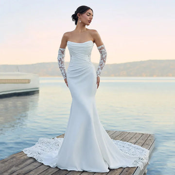 Luxury Mermaid Wedding Dresses Lace Long Sleeve Bride Dress Strapless Vestido de novia Pleated Women Bridal Dress Customized