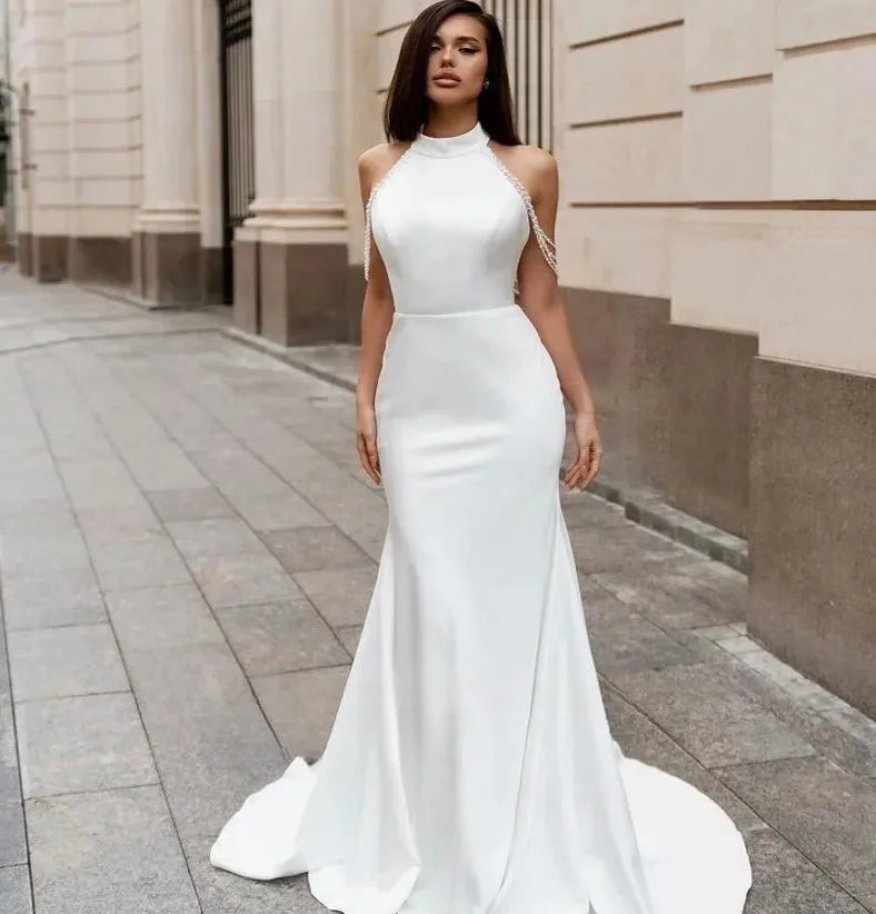Elegant halter sleeveless beading mermaid open back satin wedding dress bridal gown