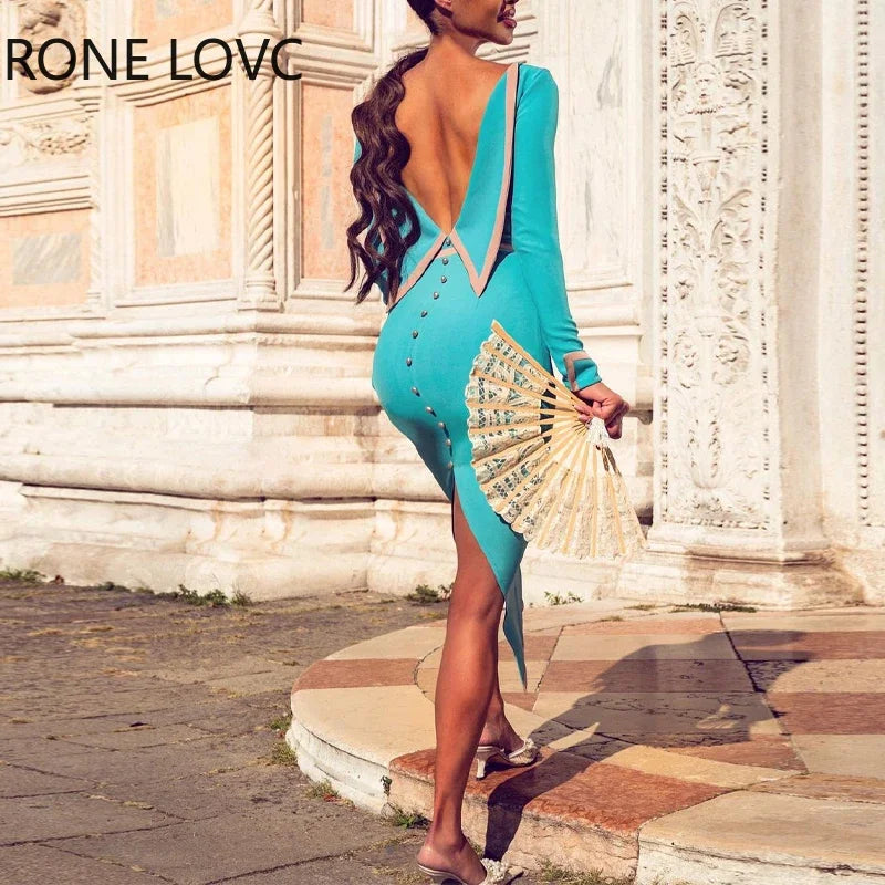 Women solid long sleeves backless beaded slit bodycon sexy formal party dress