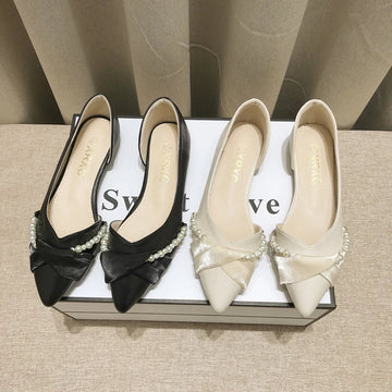Large Size 45 46 Womens Shoes Spring/Summer New Korean Pearl Butterfly-Knot Design Office Lady Shoes Versatile Flat Shoes