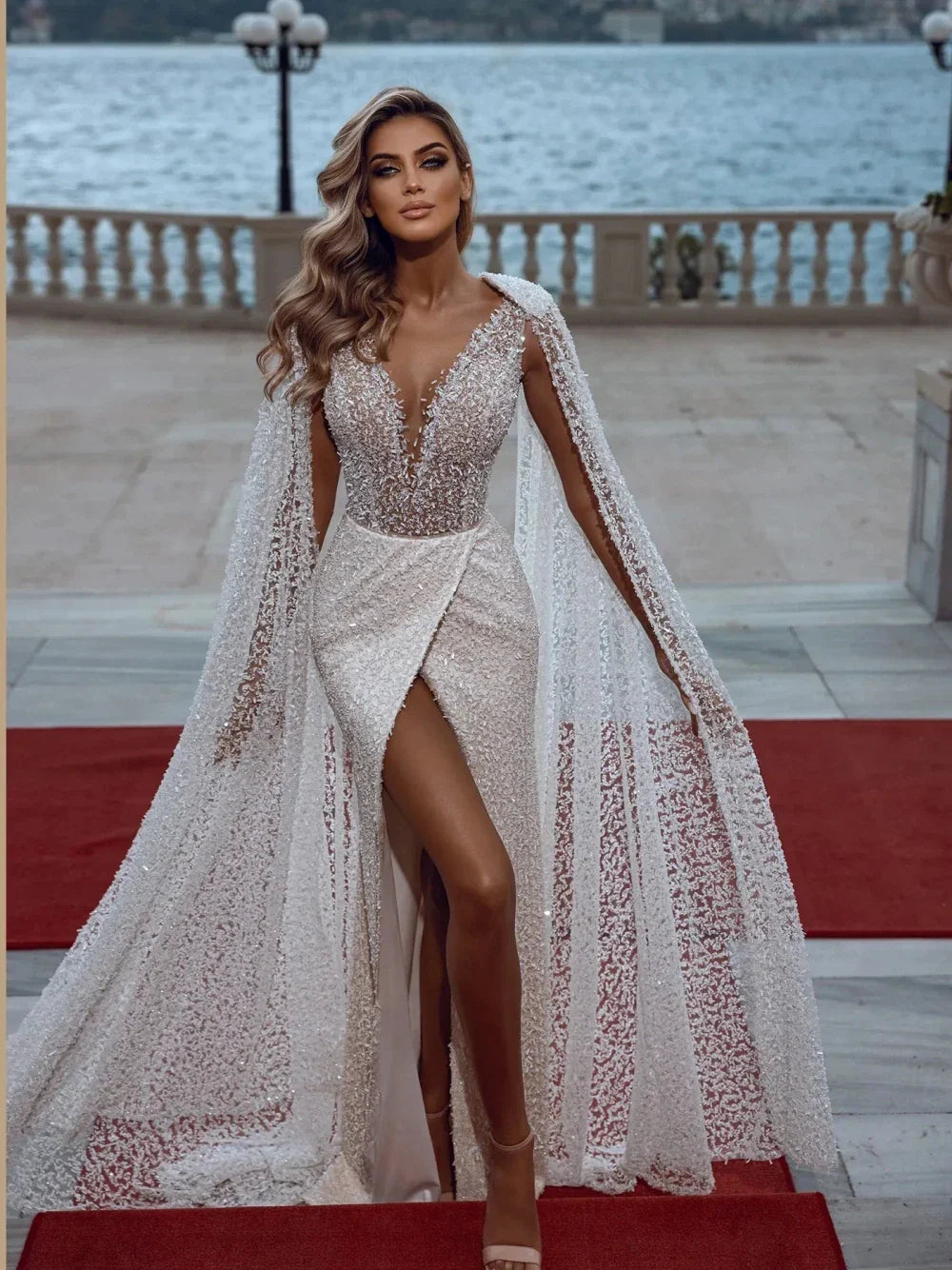 Sexy deep V-neck backless sparkly sequins beads luxury long wedding dress bridal gown bride