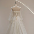 Long sleeve puff bohemian lace appliques sweetheart beading romantic wedding dress detail