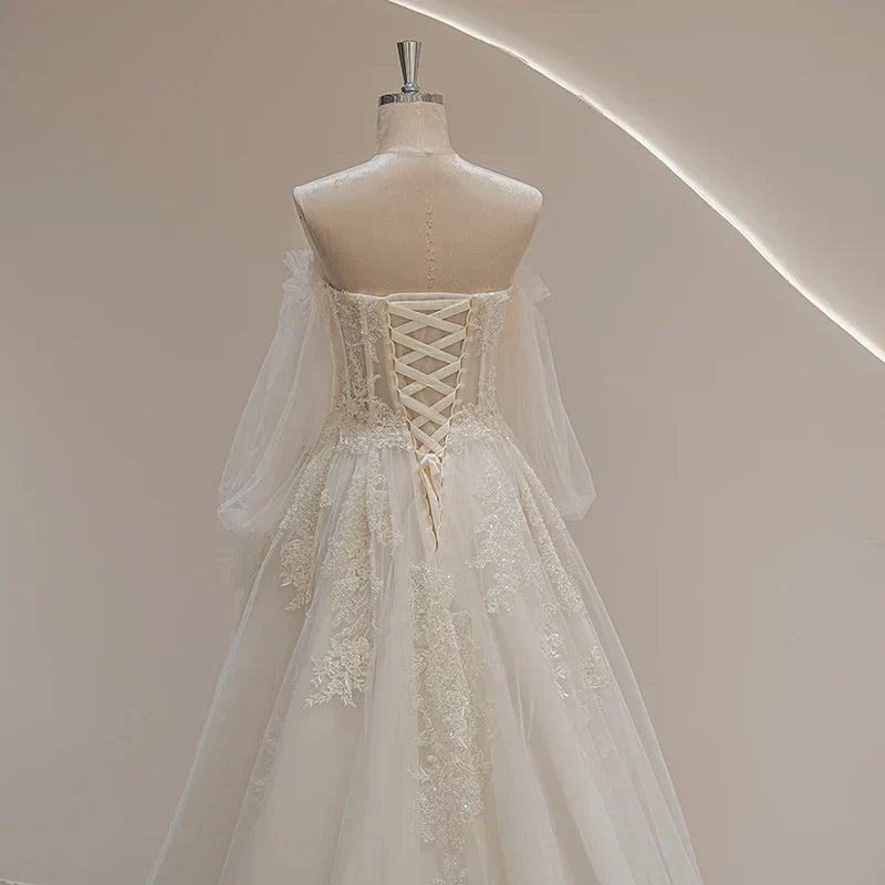 Long sleeve puff bohemian lace appliques sweetheart beading romantic wedding dress detail