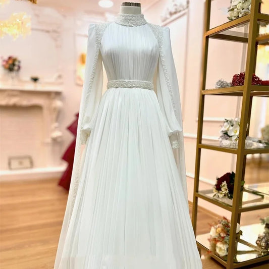 Muslim Wedding Dress with Long Sleeves Customized High Neck Beading Sequin Chiffon A Line Bridal Gown Africa Bride Dresses