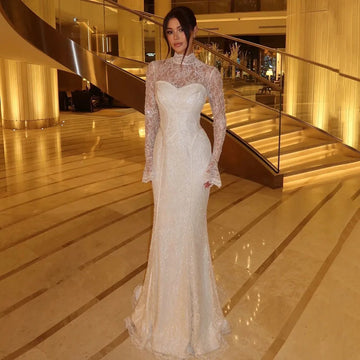 Customized Lace Mermaid Wedding Dress Long Sleeve High Neck Corset Bridal Gown Elegant Sparkling Bride Dress for Women