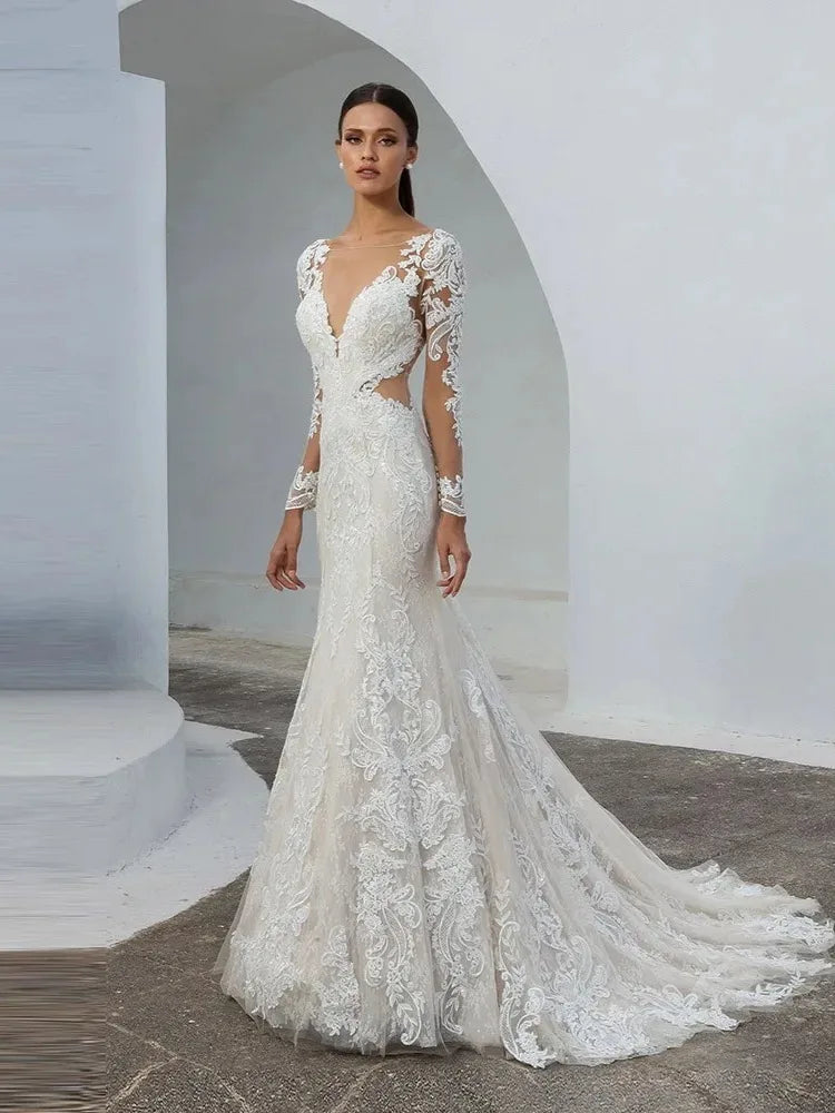 Boho O neck Wedding Dresses for Bride Long Sleeves Appliques Illusion Button Back Floor Length Bridal Gown Vestido De Novia