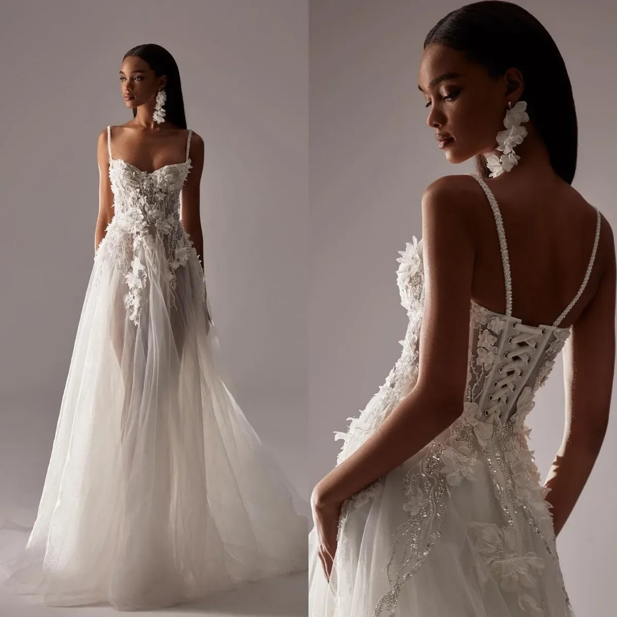 Elegant Wedding Dresses 3D-Floral Appliques Bridal Gowns Spaghetti Straps See Through Up Bride Dresses Custom Made Plus Size