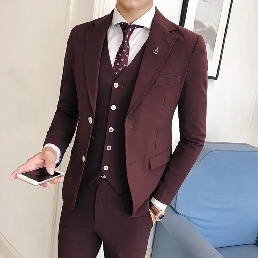 Casual slim wedding 3 piece notch lapel men business suit blazer vest pants close-up