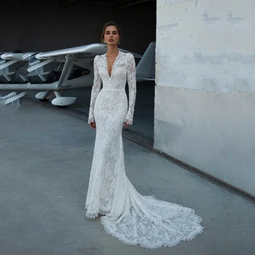Customized Classic V Neck Mermaid Wedding Dresses Lace Long Sleeve Sweep Train Long Bridal Dress White Vestido De Novia