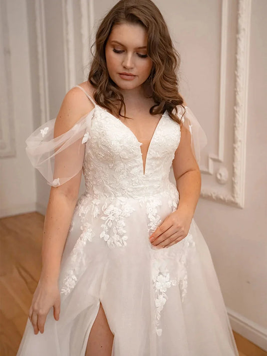 Plus Size Vestidos De Novia Customized Thin Straps V Neck High Slit Lace Wedding Dresses Appliques Vestido De Noiva