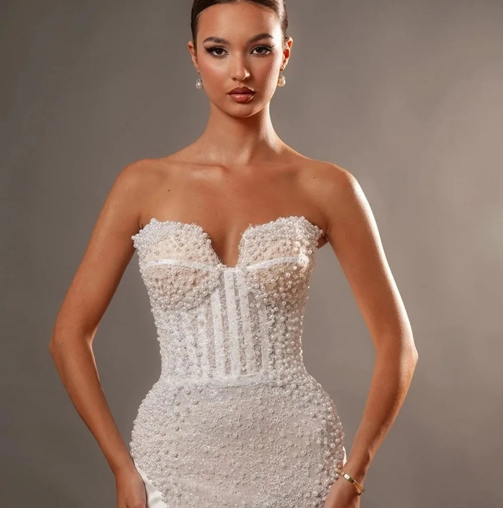 Luxury lace mermaid wedding dress strapless embroidery pearls beads bridal party gown