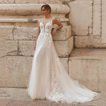 Boho Bride Wedding Dresses Cap Sleeve Lace Applique Luxury Brides Dress Illusion Bridal Gown Robe De Mariee Customized