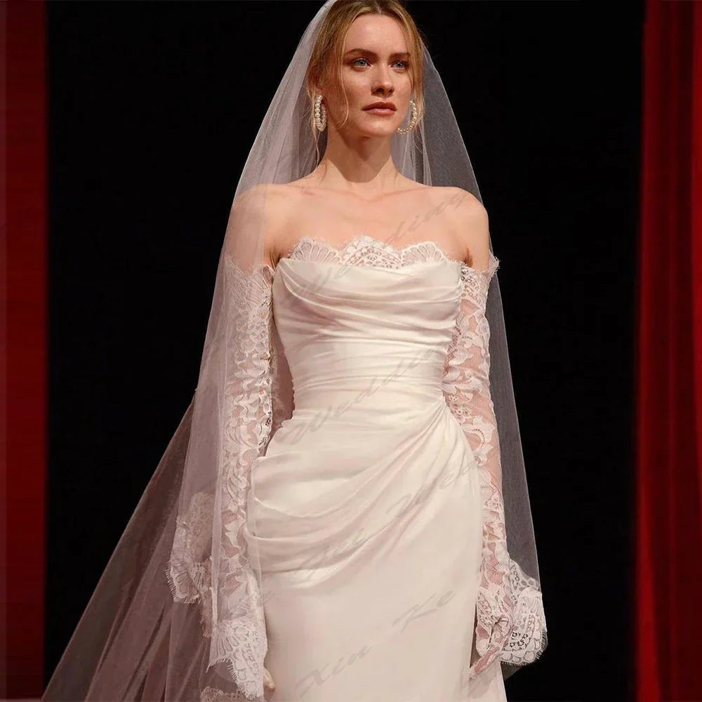Elegant satin pleated mermaid lace long sleeved princess formal beach party wedding dress