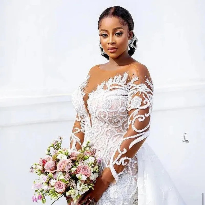 Plus Size Mermaid Wedding Dress With Detachable Train Beaded Illusion Lace Appliqued Bridal Gown Arabic Dubai Robe De Mairage