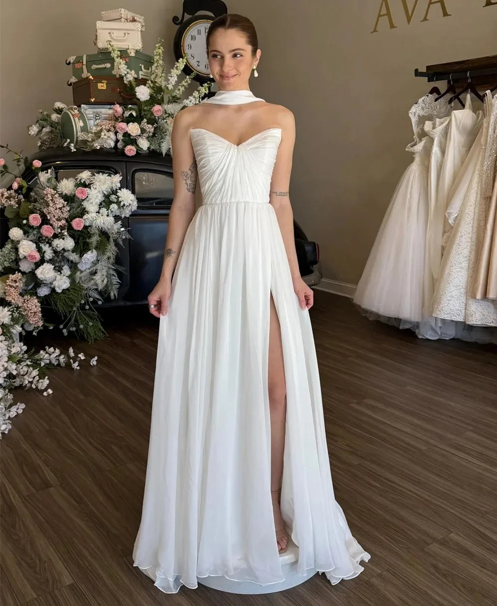 Classic A-line wedding dress wrap sweetheart pleats slit chiffon long princess bridal party gown