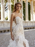 Mermaid lace strapless sweetheart front slit backless button corset bridal gown side view