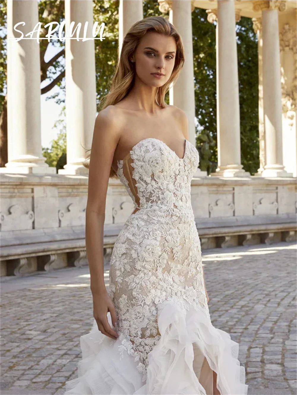Mermaid lace strapless sweetheart front slit backless button corset bridal gown side view