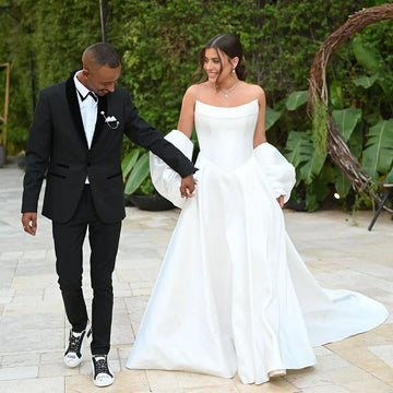 Satin Princess Wedding Dresses Women A Line Strapless Bridal Dress With Detachable Train Simple Wedding Gown Customized