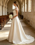 High neck pearl pleat short sleeve wedding dress – back view – Snowy Bridal