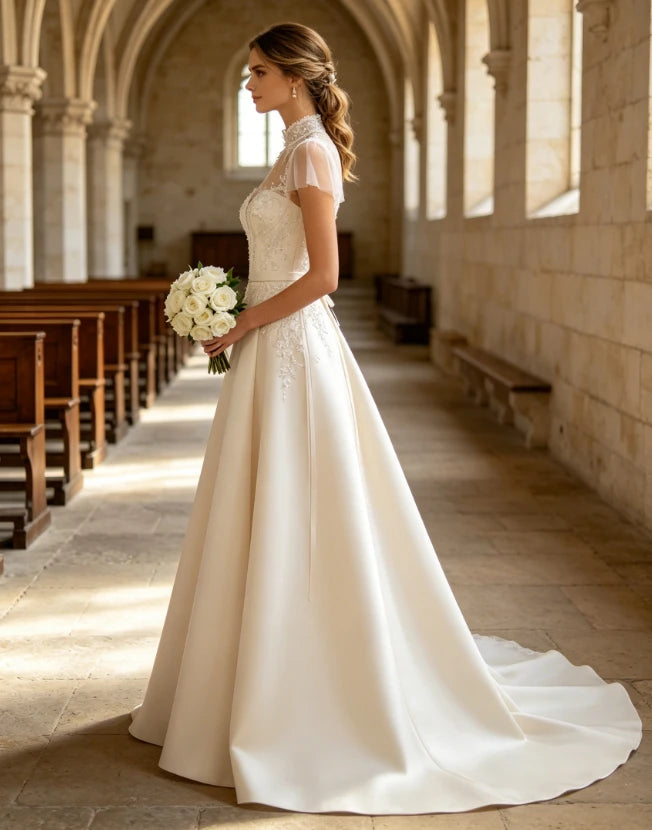 High neck pearl pleat short sleeve wedding dress – back view – Snowy Bridal