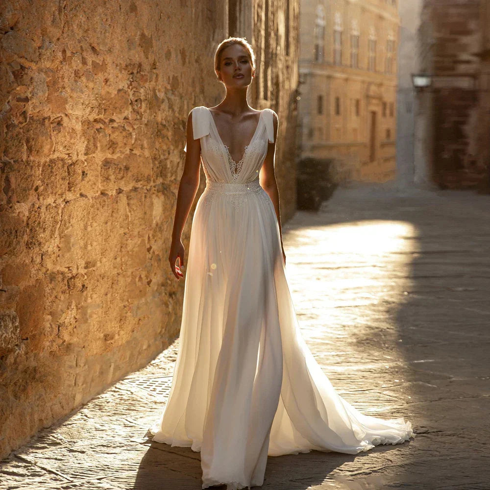 Elegant White Chiffon Wedding Dresses Deep V Neck Backless Bridal Growns Appliques Floor-Length A-line Vestidos De Novia