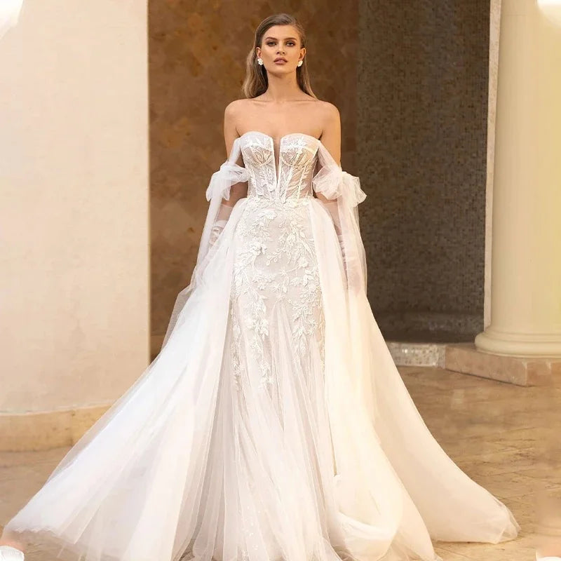 Luxury Mermaid Wedding Dresses Thick Staps Detachable Train 2 In 1 Lace Applique Wedding Gowns Tailor-Made Customized