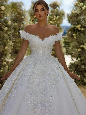 Elegant Off The Shoulder Bridal Dress Sparkly Sequins 3D Flower Wedding Gown Luxury Ball Gown Long Bride Robe Vestido De Novia