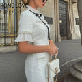 Round neck short sleeves bow ruffle beaded elegant formal white dress women ivory