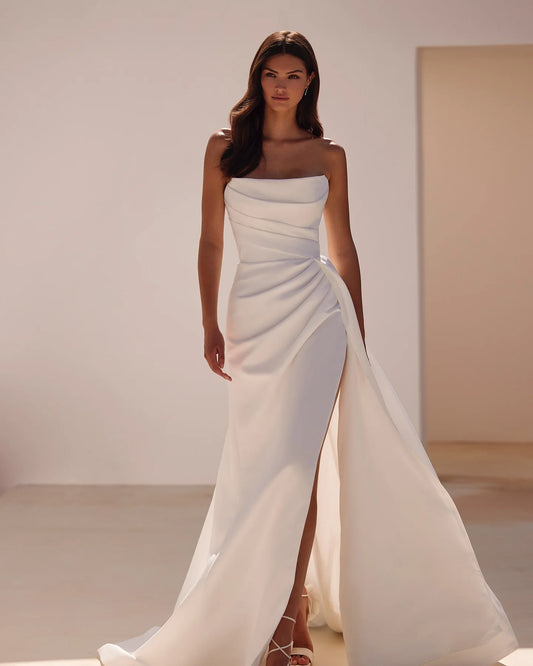 Refined fitted Pleat Satin Mermaid Wedding Dresses Side Slit Sweep train Train Formal Bridal Grown Rode De Morrie