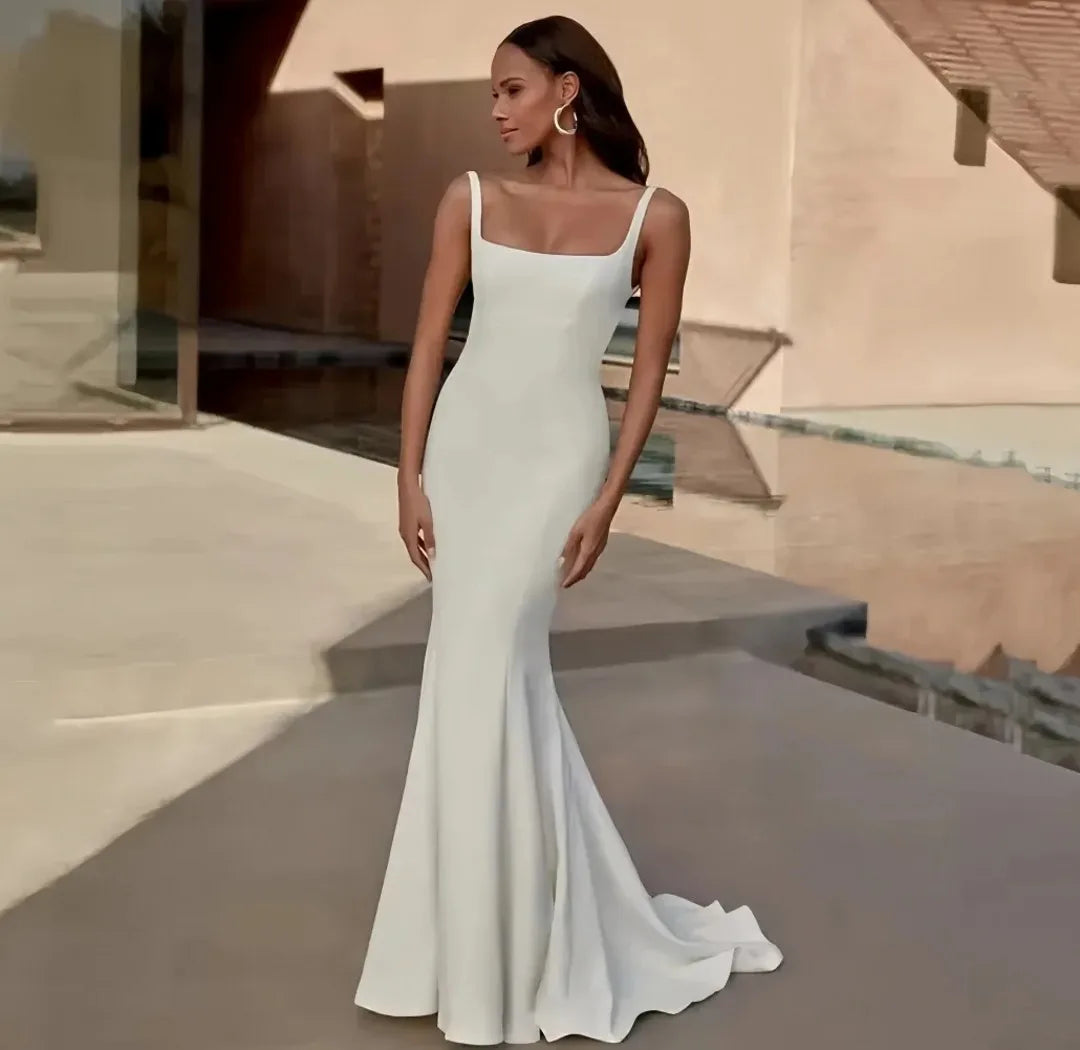 Simple mermaid wedding dress straps square neck backless soft satin court train sweep train bridal gown