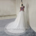 A-line floor length embroidery strapless sleeveless backless tulle sweep train wedding dress side view