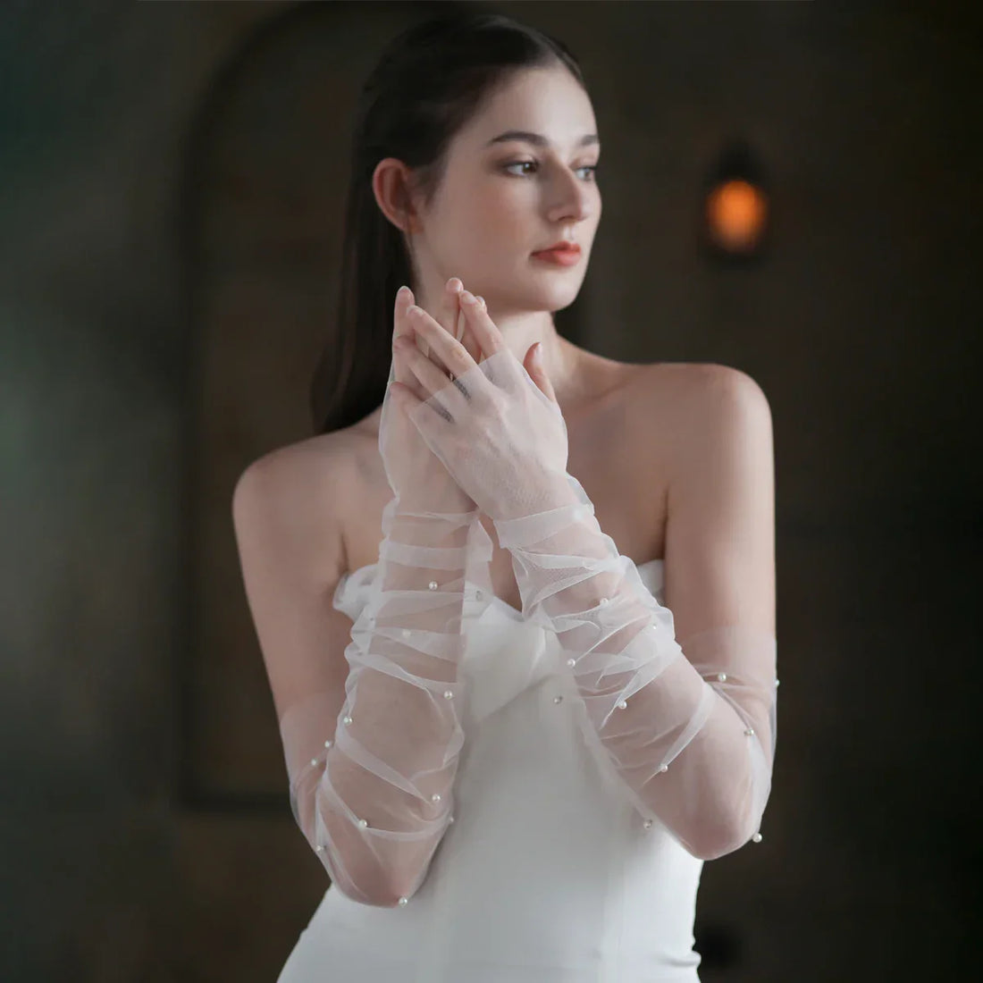 WG052 Exquisite Wedding Fingerless White / Black Gloves Long Tulle Pearls Brides Bridesmaid Sleevelet Women Marriage Accessories