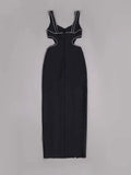 Bodycon diamond hollow V-neck sleeveless crystal sexy long split bandage celebrity party club dress back view