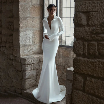 Morden Simple Mermaid Wedding Dresses Brides Elegant Long Sleeves Sweet Train Sexy V-Neck Buttons Bridal Gown Customized