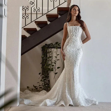 customize Lace Mermaid Wedding Dresses Spaghetti Straps Bridal Gowns Sleeveless 3D Flower Backless Sweep Train Vestido De Novias