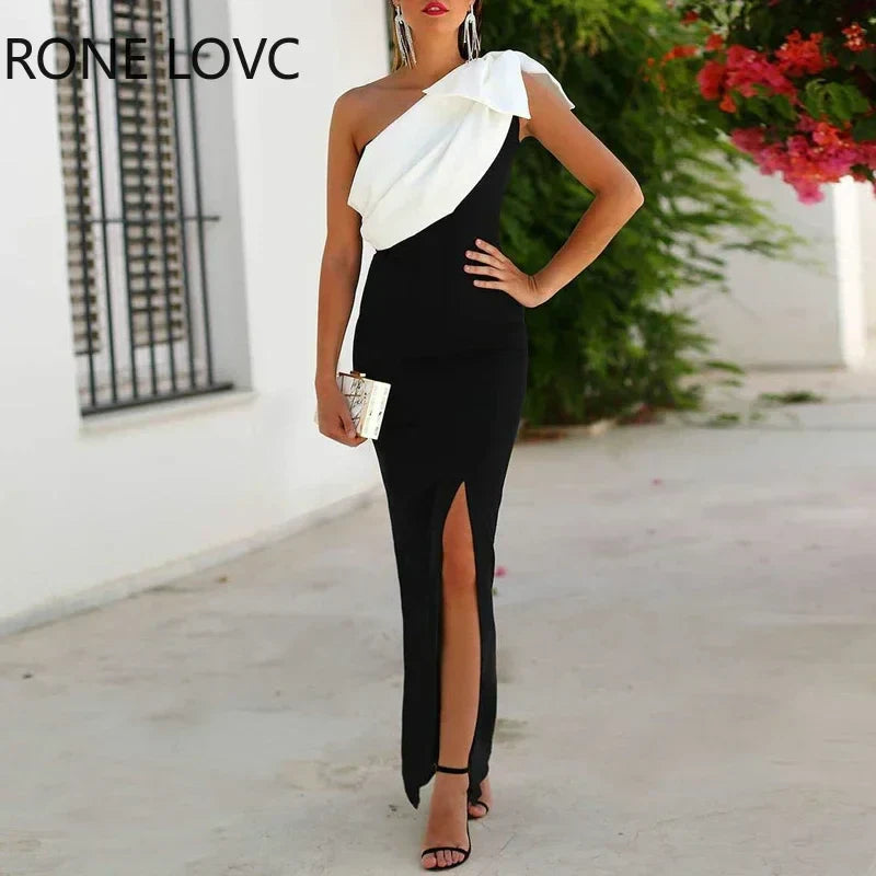 One shoulder gradient sashes high slit folds elegant sexy women party dress ivory