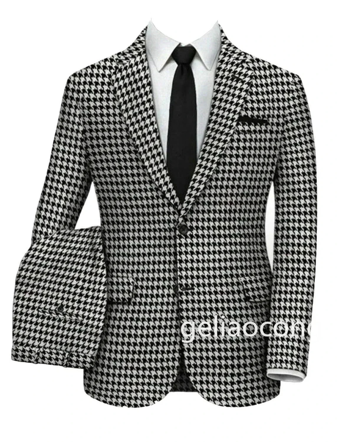 Slim fit plaid houndstooth 2 piece single breasted black white men wedding business suit side view