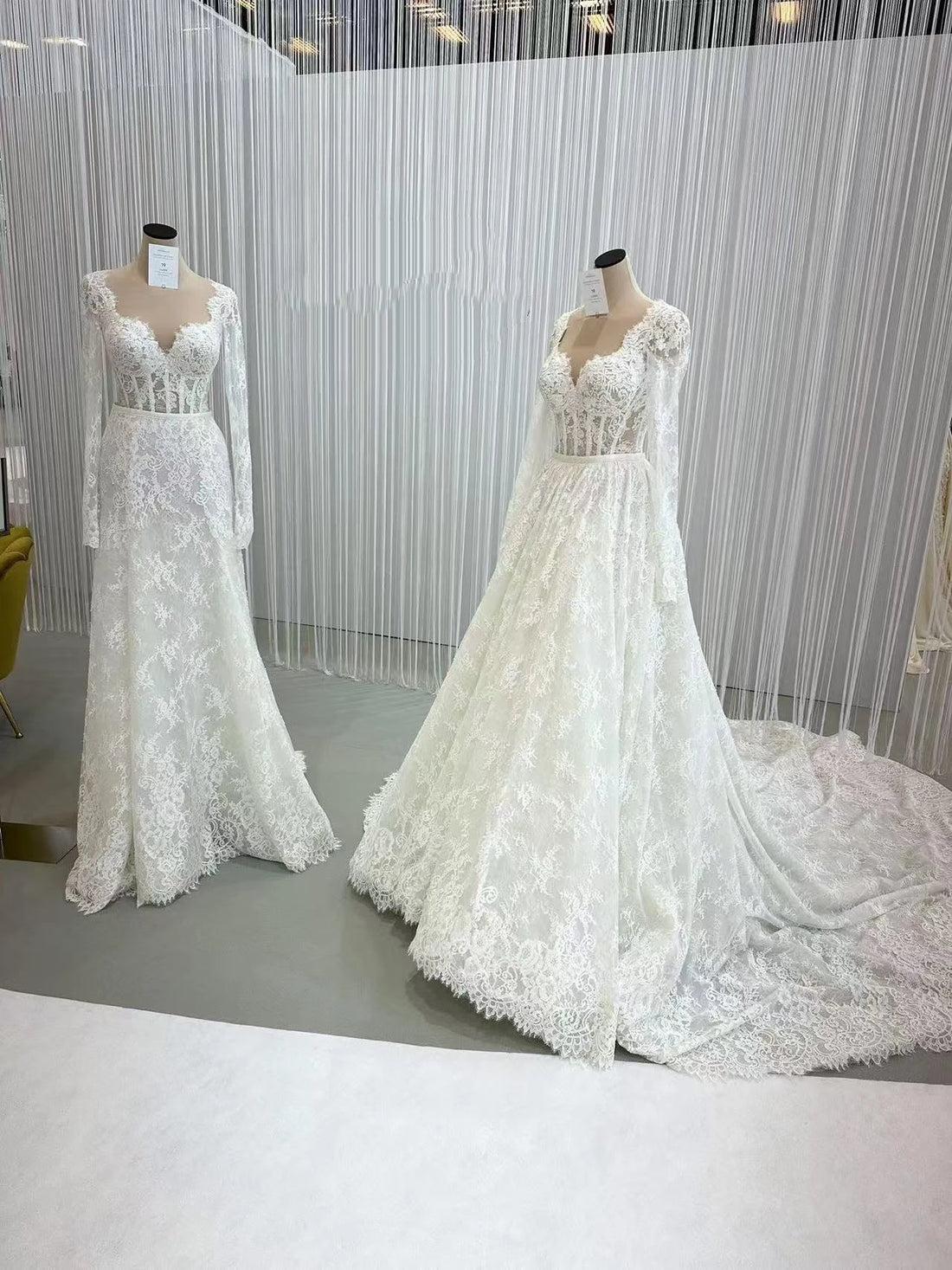 Luxury detachable 2-in-1 train wedding dress lace V-neck full sleeve vintage ball gown