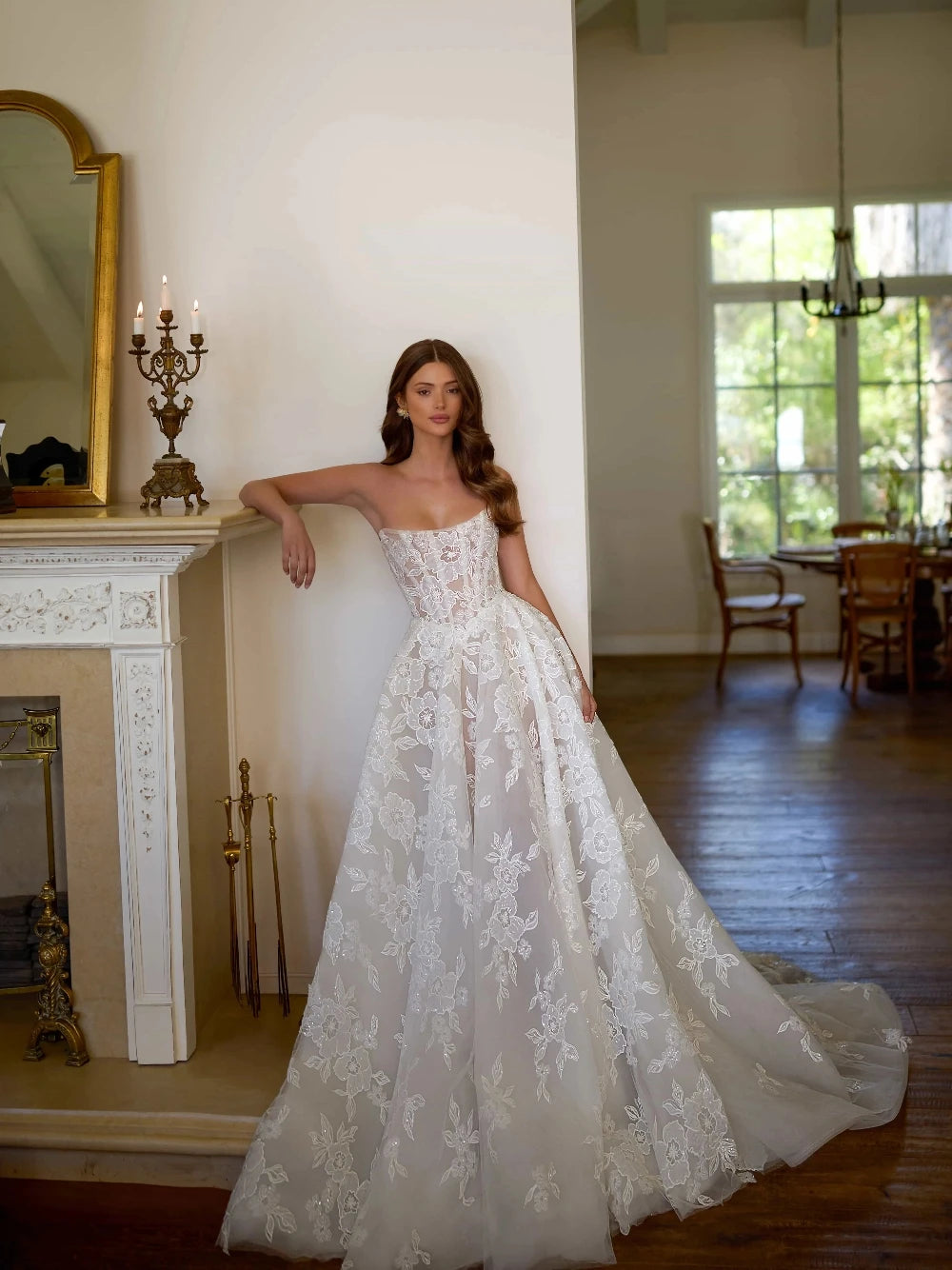Strapless A-line lace wedding dress with puff sleeves – front view – Snowy Bridal