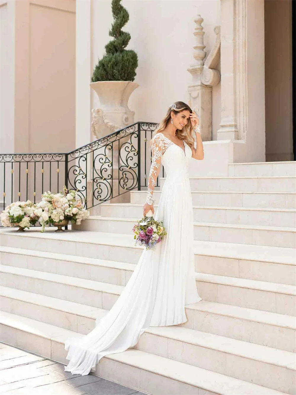 Casual long sleeve lace chiffon bohemian beach bride boho bridal gown wedding dress