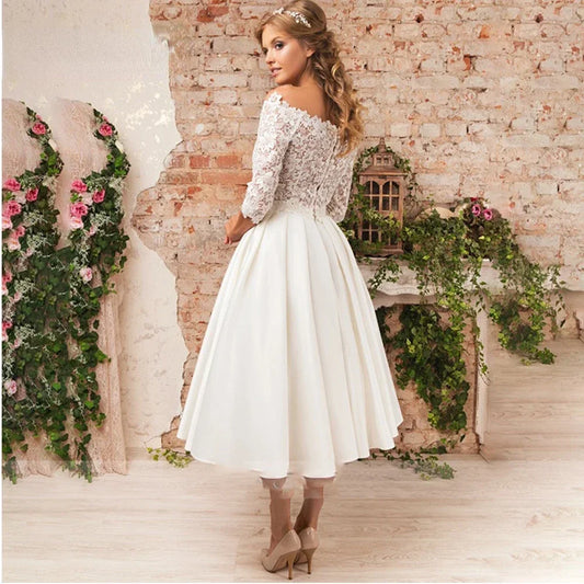 Elegant A-Line Short Wedding dress Sexy off-the-shoulder tulle applique one-seventh sleeve women's romantic wedding bridal dress