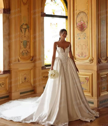Luxury Wedding Dresses A Line Woman's Lace Sexy Pleat Satin Sweetheart Bride Gowns Sweep Train Customized Vestidos De Novia